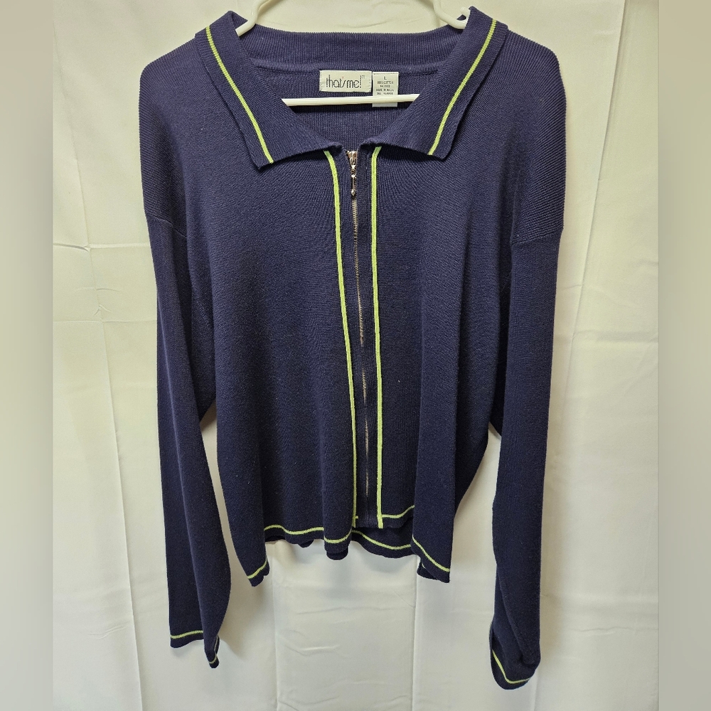 That's Me! Navy Zip Polo Cardigan with Lime Trim 100% Cotton NWOT, Sz L